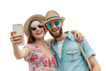 Happy young couple taking a selfie with a smartphone, smiling man and woman on summer vacations, isolated on transparent background, png file - 746642762