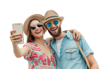 Happy young couple taking a selfie with a smartphone, smiling man and woman on summer vacations and travel, tourists isolated on transparent background, png file