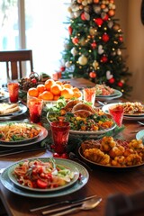 A festive holiday table, laden with dishes from various cultures, celebrating a family's diverse roots.