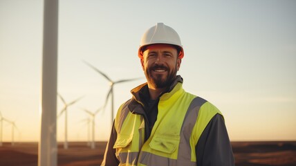 Smiling construction worker in hard hat and safety vest at a wind farm during golden hour, representing clean energy and sustainability. - obrazy, fototapety, plakaty