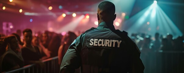 Back view of a security guard overlooking a crowd at an indoor concert setting, fitting for event security or music festival themes.