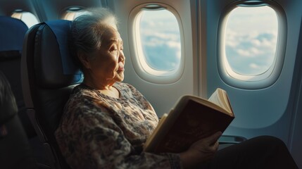 An elderly woman enjoys reading a book in the calm atmosphere of an airplane's window seat, bathed in the warm light of golden hour, suggesting a theme of peaceful travel or leisure.