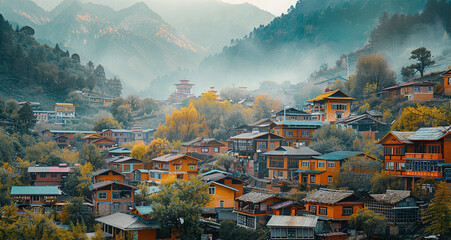 Beautiful view of mountain village in china with lots of small houses stay very close to each other  - Powered by Adobe