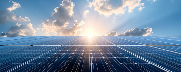 Solar panels under a blue sky with sun rays and clouds, depicting renewable energy and sustainability, suitable for environmental themes like Earth Day. - obrazy, fototapety, plakaty