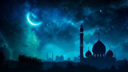 Mosque silhouette against starry sky with crescent moon, Ramadan concept wallpaper with copy space. - obrazy, fototapety, plakaty