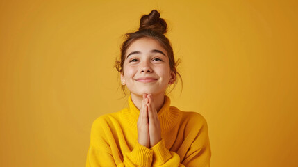 high-school Teenager (girl) with expressing Gratitude and Thankfulness, with copy space, isolated on solid color background