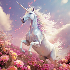 Obraz na płótnie Canvas Magnificient leaping Unicorn - mythical white horned horse rearing up over a field of pink flowers with blue sky behind and pink light orbs floating in the air ideal for a wall art canvas 