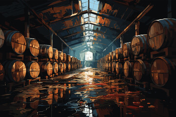 Wine or cognac barrels in the cellar of the winery, Wooden wine barrels in perspective. wine vaults. vintage oak barrels of craft beer or brandy. Wood stairs to the second floor - obrazy, fototapety, plakaty