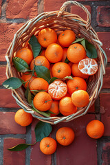 Overhead view of basket of ripe tangerines tipped over with fruit scattered across red brick pavers.