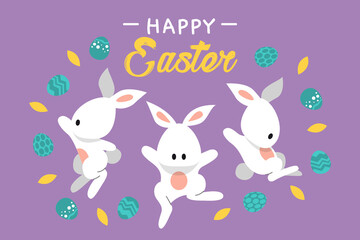 Happy Easter Greeting card. Easter Bunny surrounded by decorative Easter egg illustration on purple background