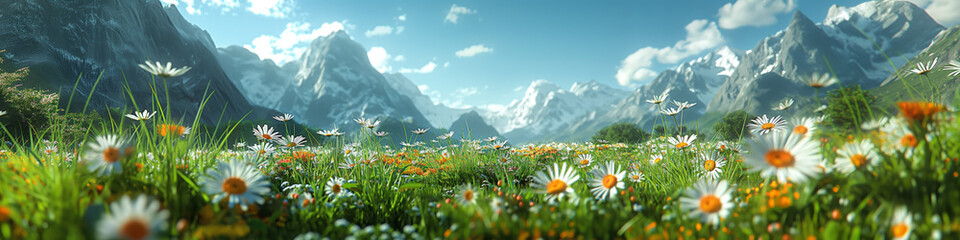 meadow with daisies in mountain valley