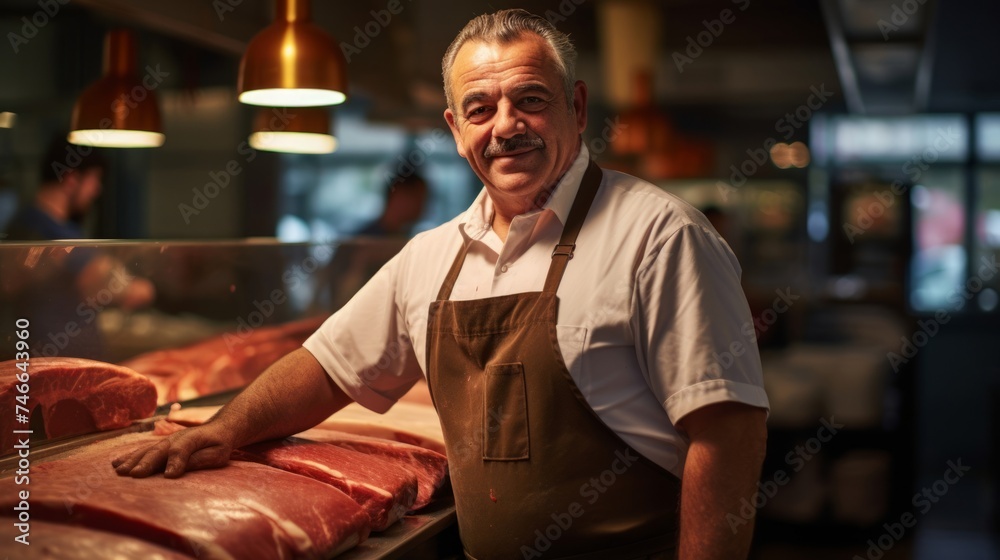 Canvas Prints Butcher's work pride warm knowledgeable smile various meats backdrop