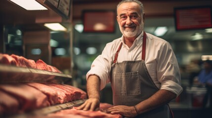 Proud butcher at meat counter knowledgeable smile meat display