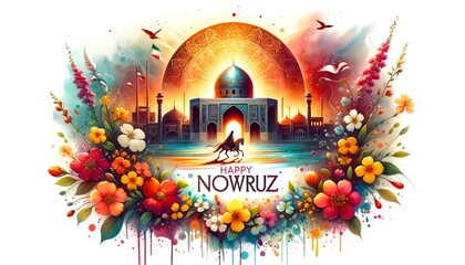 Illustration in a watercolor style for the persian new year with the text happy nowruz.
