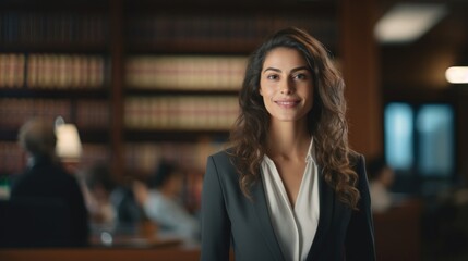 Fototapeta premium Joyful lawyer celebrates success infectious smile dignified law office setting