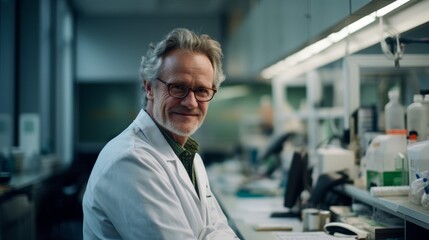 Satisfied biologist tranquil expression hinting at lab equipment and materials