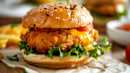 CRISPY CHEESY CHICKEN PATTY BURGER WITH FRIES