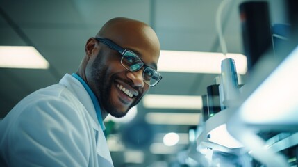 Focused chemist pride in chemical work scientifically stimulating environment