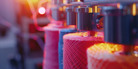 Rows of colorful thread spools on a textile machine in a bright, busy factory environment. - obrazy, fototapety, plakaty