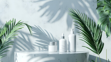 Minimal cosmetic background for product presentation, Cosmetic bottle podium and green palm leaf on grey color background. White cosmetic shampoo dispenser bottle mockup, Generative Ai 
