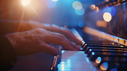 A close up view of a person skillfully playing a piano, their hands gracefully moving across the...