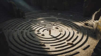 Fototapeta na wymiar Contemplative philosopher at labyrinth center high-angle soft light illumination