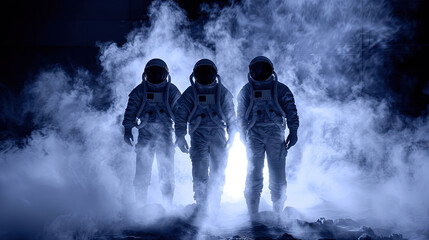 Three astronauts wearing space suits standing in a cloud of smoke, prepared for a space mission in a remote environment - Powered by Adobe