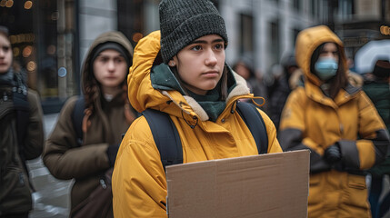 A man wearing a yellow jacket securely grips a box with both hands