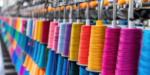 Rows of colorful thread spools on a textile machine in a bright, busy factory environment. - obrazy, fototapety, plakaty