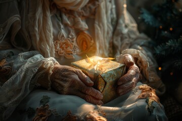 Elderly Hands Holding a Sparkling Present

