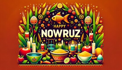 Illustration in flat style for persian new year with beautiful decoration and text happy nowruz.