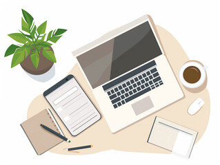 Elegant Home Office Setup Illustration with Laptop, Plant, and Coffee on Desk