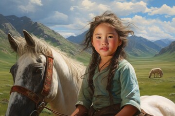 Mongolian girl and a horse in a green valley. national portrait. an indigenous resident of a geographical area.