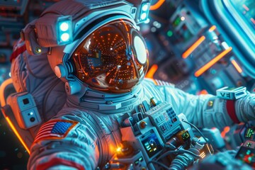 Astronaut Operating Spacecraft Control Panel
 - obrazy, fototapety, plakaty