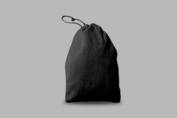 Black shoe or sport bag mockup isolated on background. 3d rendering.Sport drawstring backpack, gym sack. Cinch tote bag black front view. Knapsack, schoolbag, rucksack with ropes. - obrazy, fototapety, plakaty