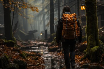 a man carries a backpack through a forest ae, in the style of dark orange and light black, spot metering, dau al set, solapunk, #vfxfriday - obrazy, fototapety, plakaty