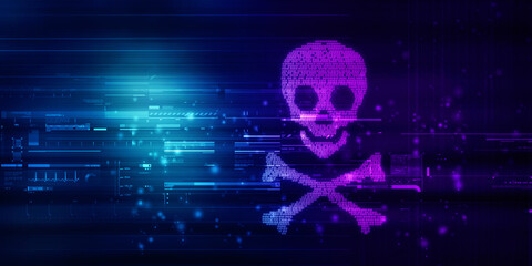 2d rendering Digital skull and crossbones on binary code