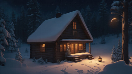 A cabin in a snowy forest, with a warm fireplace winter landscape