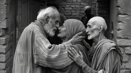A black and white depiction of two men standing beside a woman, showcasing a moment frozen in time