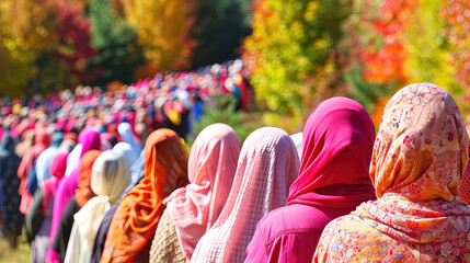 Several women wearing vibrant headscarves are lined up in a row, standing upright - obrazy, fototapety, plakaty