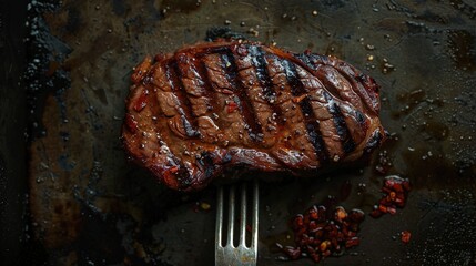 Close-up image of beef medium rare steak slice on a fork on dark background