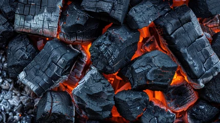 Keuken spatwand met foto BBQ Grill With Glowing And Flaming Hot Charcoal Briquettes, Food Background Or Texture © Vasiliy