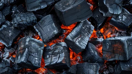 Fotobehang BBQ Grill With Glowing And Flaming Hot Charcoal Briquettes, Food Background Or Texture © Vasiliy