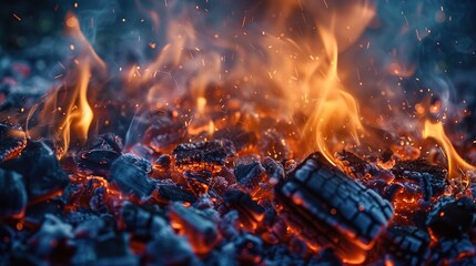 BBQ Grill With Glowing And Flaming Hot Charcoal Briquettes, Food Background Or Texture - obrazy, fototapety, plakaty