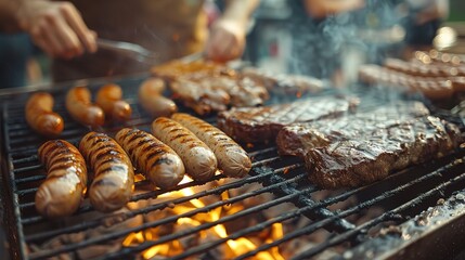 a man roasts steaks and sausages on the grill for the whole family - obrazy, fototapety, plakaty