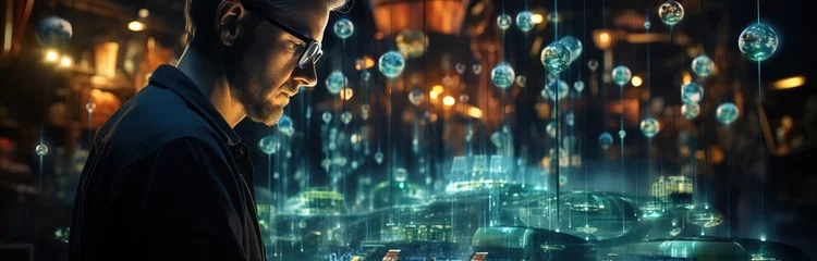 Foto op Plexiglas a man with a tablet looking at some futuristic icons, in the style of light turquoise and dark indigo, soft edges and blurred details, circuitry, miscellaneous academia, shaped canvas, intertwined net © Smilego