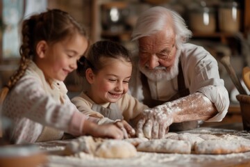 Grandparents teaching grandchildren to make traditional bread, flour-dusted hands shaping dough with love.