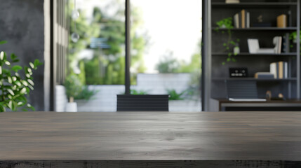 Empty dark grey desk  with blurred office  background - excellent for product presentation