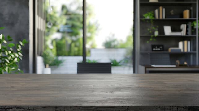 Empty dark grey desk  with blurred office  background - excellent for product presentation