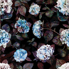Vintage floral pattern gothic hydrangea flowers watercolor seamless repeating abstract background, hortensia in dark black blue colors